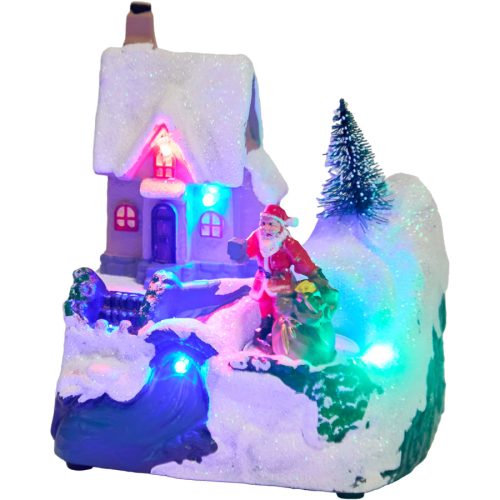 Karácsonyi házikó LED világítással, forgó mikulással