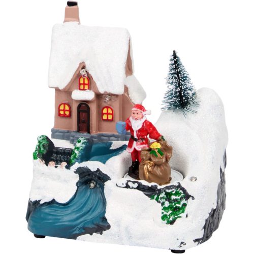 Karácsonyi házikó LED világítással, forgó mikulással