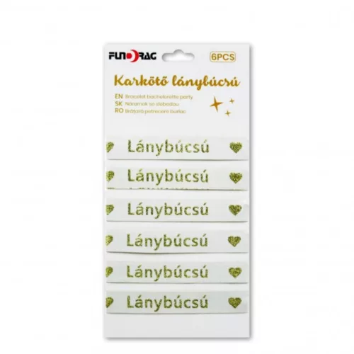 Lánybúcsú feliratos karkötő fehér-arany- 6 db