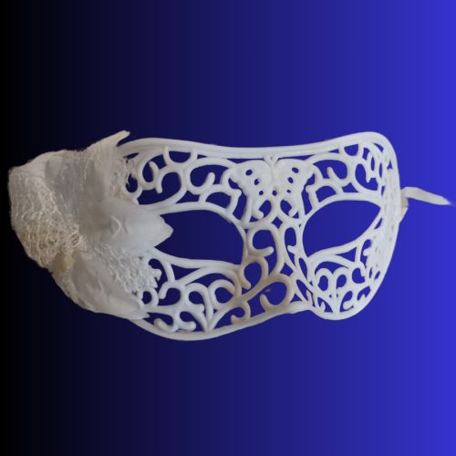 Velencei karneváli maszk virággal - fehér műanyag álarc