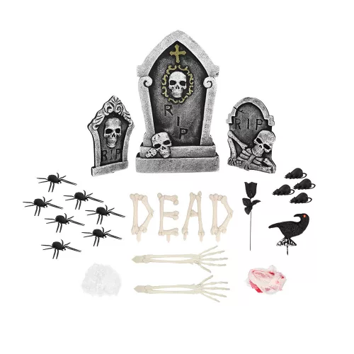 Halloween sírkő dekorációs szett (3 tombstones, 2 skeleton arms, 4 csontok in the shape of letters DEAD, fekete crow, fekete flower, 4 rats, 7 póks, véres bandage, cobweb)