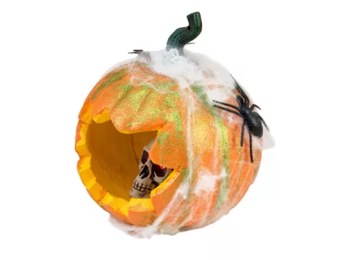 Világító koponya tökben, pókhálóval