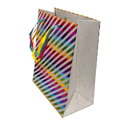 Színes Striped csillámos papír ajándéktasak, ajándékzacskó 18x10x23 cm