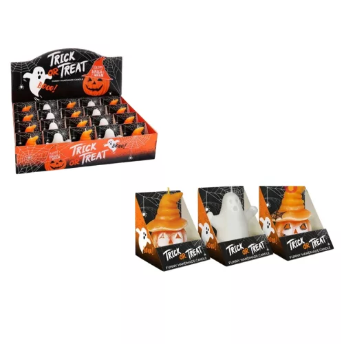 Halloweeni díszgyertya - tök kalapban, pókháló mintával