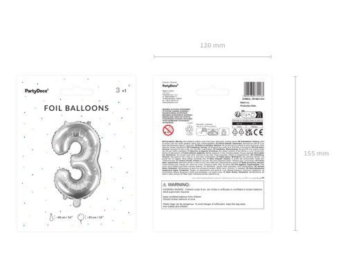 ''3'' számú fóliás léggömb, 35 cm, ezüst