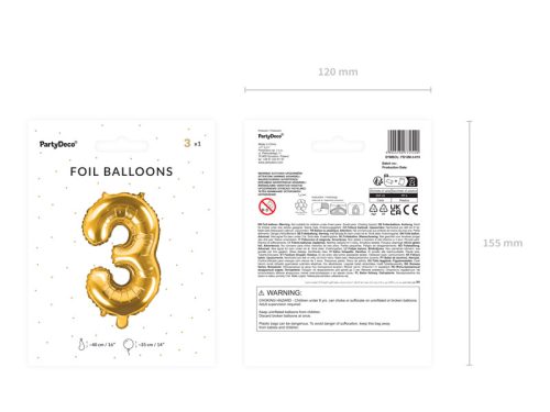 ''3'' számú fólia léggömb, 35 cm, arany