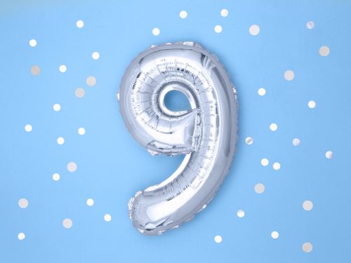 ''9'' számú fóliás léggömb, 35cm, ezüst