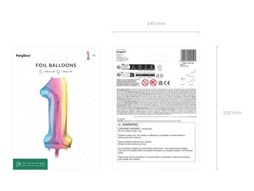 Fólia lufi számjegy 1, pasztell szivárvány, 86 cm