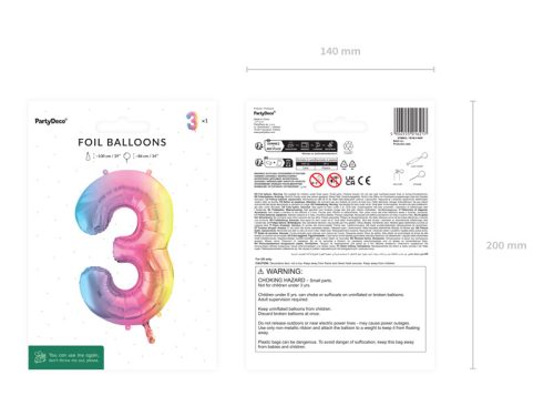 Fólia lufi szám 3, pasztell szivárvány, 86 cm