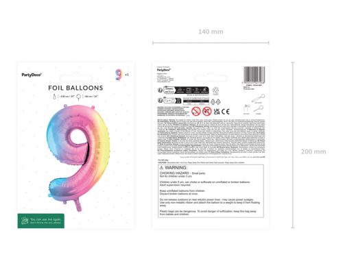 Fólia lufi szám alakú '9', 86 cm, pasztell szivárvány színben