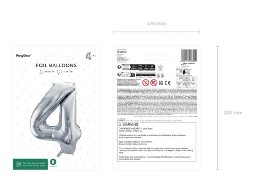 ''4'' számú fóliás léggömb, 72cm, ezüst