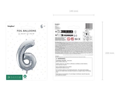 ''6'' számú fóliás léggömb, 72cm, ezüst