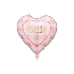   Rózsaszín babás fólia szív lufi, 35 cm, arany felirattal