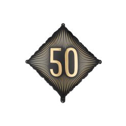   Fekete-arany fólia lufi "50" szám, 46x46 cm, léggömb szett