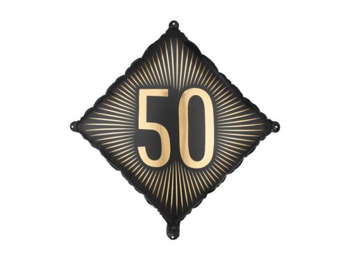 Fekete-arany fólia lufi "50" szám, 46x46 cm, léggömb szett