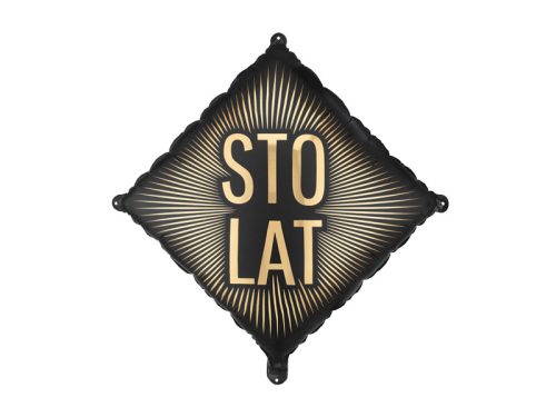 Fekete arany 'Sto lat' fólia lufi 46x46 cm, szívószállal