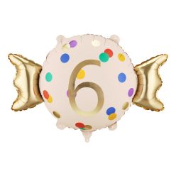 Candy fólia lufi '6' szám, bézs-arany, 61x37 cm