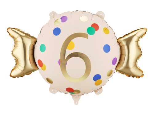 Candy fólia lufi '6' szám, bézs-arany, 61x37 cm
