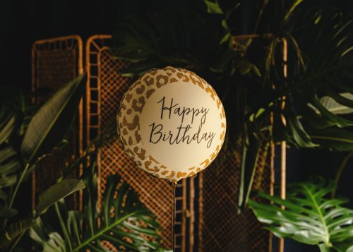 Leopárdmintás 'Happy Birthday' fóliás lufi, 35x35 cm, vegyes színek