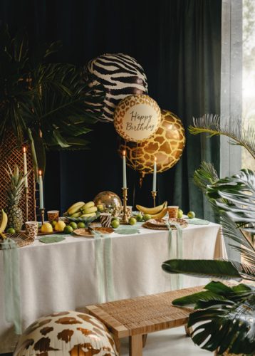 Leopárdmintás 'Happy Birthday' fóliás lufi, 35x35 cm, vegyes színek