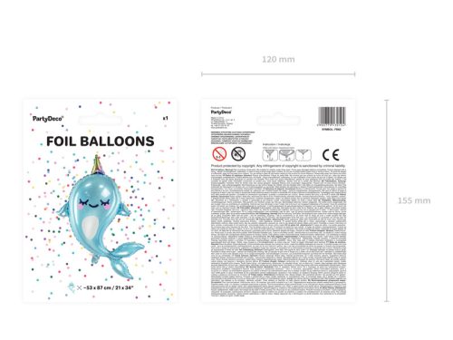 Foil balloon Narwhal, 53x87cm, mix