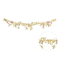 Banner Happy Birthday Flowers, rózsaszín-arany, 1,3 m