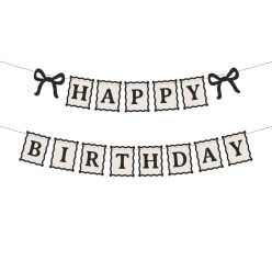   Happy Birthday feliratú krém-fekete masnis papír banner 100 cm