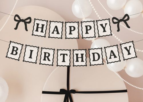 Happy Birthday feliratú krém-fekete masnis papír banner 100 cm