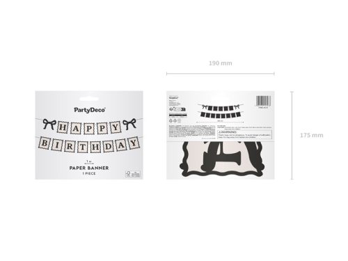 Happy Birthday feliratú krém-fekete masnis papír banner 100 cm