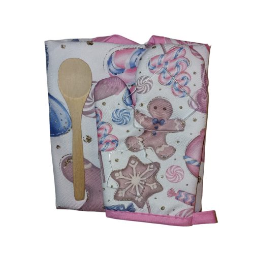 Kötény szett gyerekeknek karácsonyi mintával - rózsaszín mézeskalács