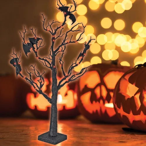 Halloween fa, denevérekkel, narancs színű LED-ekkel - 70 cm