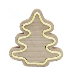 Fenyő formájú fa asztaldísz, melegfehér LED szalaggal