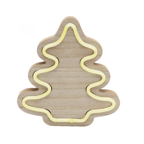 Fenyő formájú fa asztaldísz, melegfehér LED szalaggal