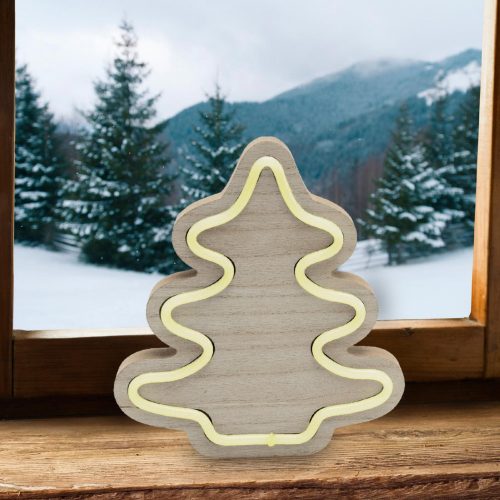 Fenyő formájú fa asztaldísz, melegfehér LED szalaggal