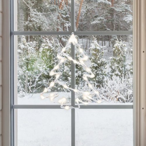 Fenyőfa ablakdísz, kül- és beltéri kivitel, melegfehér