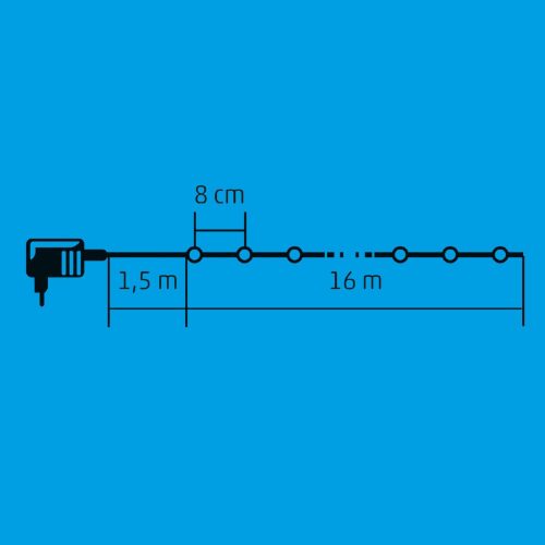 LED-es fényfüzér, 16 m / 200 db melegfehér LED,  adapter, beltéri