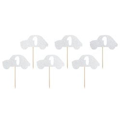   Autós 1. születésnapi cupcake topper ezüst csillogással, 6 db