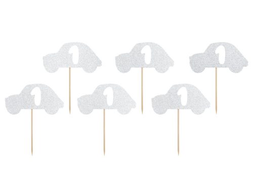 Autós 1. születésnapi cupcake topper ezüst csillogással, 6 db