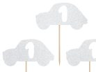 Autós 1. születésnapi cupcake topper ezüst csillogással, 6 db