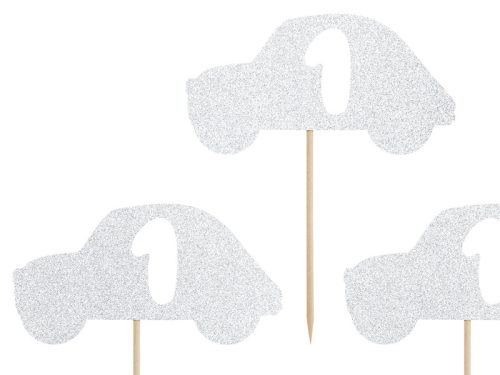 Autós 1. születésnapi cupcake topper ezüst csillogással, 6 db