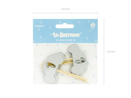 Autós 1. születésnapi cupcake topper ezüst csillogással, 6 db