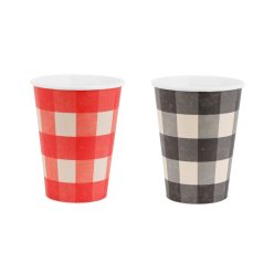   Kockás papírpohár készlet, piros-bézs és fekete-bézs, 400 ml, 6 db