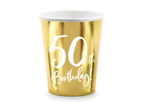 50. születésnapi papírpoharak, arany, 220 ml (1 db / 6 db)