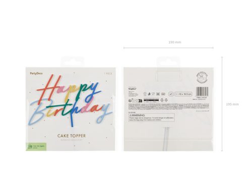 Akril Happy Birthday tortadísz, 18x16,5 cm, matt színes