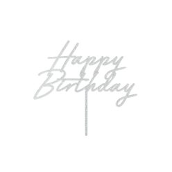 Ezüst csillogó Happy Birthday tortadísz, 18x16,5 cm