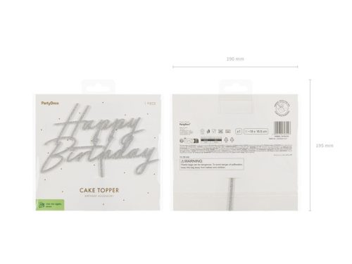 Ezüst csillogó Happy Birthday tortadísz, 18x16,5 cm