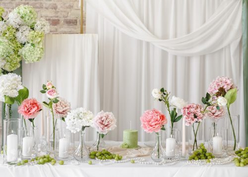 Művirág - Rózsa két bimbóval, 55 cm, világos púderrózsaszín