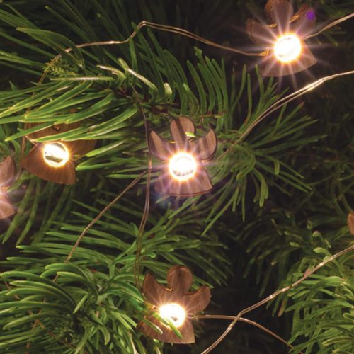 LED-es fényfüzér, 1,9 m / 20 db melegfehér LED, fa figurákkal, elemes, beltéri