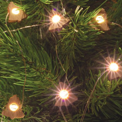 LED-es fényfüzér, 1,9 m / 20 db melegfehér LED, fa figurákkal, elemes, beltéri