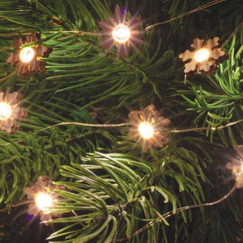 LED-es fényfüzér, 1,9 m / 20 db melegfehér LED, fa figurákkal, elemes, beltéri